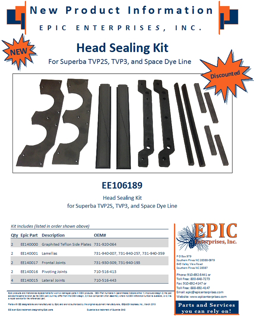 EE106189 Head Sealing Kit for Superba TVP2S, TVP3, and Space Dye Line